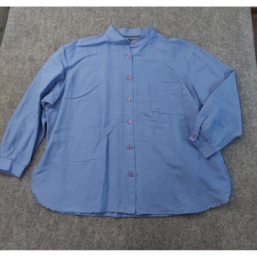 Maggie McNaughton Shirt Womens 2X Blue Linen Blend 3/4 Sleeve Tunic Button Up‎